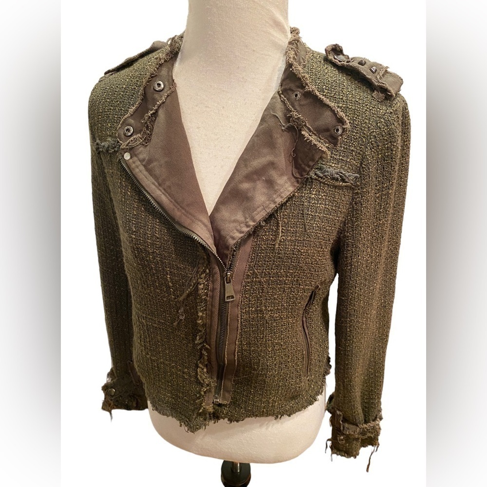 Maison Cinqcent 500 Tweed Military Jacket Zipper Detail Moto Military Jacket Med